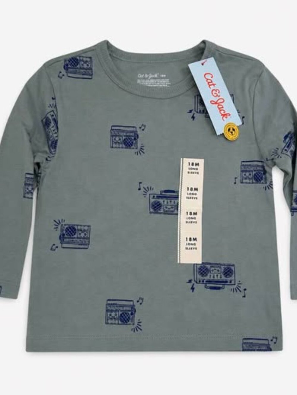 Cat & Jack Toddler Long Sleeve Shirt 18M • Gray Blue Boombox Music Print • NWT